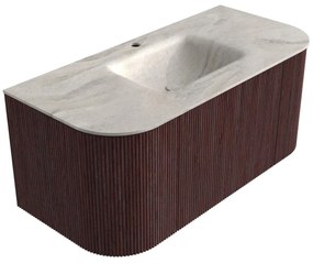 Mondiaz Kurve-dlux 100cm badmeubel ronding links/rechts ruby met 1 lade en 2 deuren en wastafel grunne midden 1 kraangat ostra