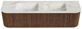 Mondiaz Kurve-dlux 170cm badmeubel ronding links/rechts walnut met 1 lade en 2 deuren en wastafel leaf dubbel zonder kraangat ostra