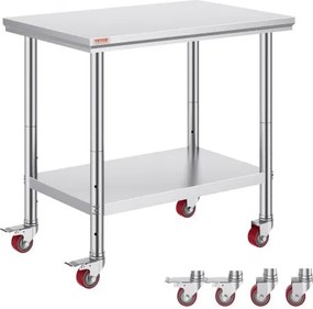 VEVOR roestvrijstalen keukentafel 90 x 60 x 85 cm met een draagvermogen van 136,08 kg, voorzien van 4 zwenkwielen, in 3 standen in hoogte verstelbaar, robuuste werktafel voor voedselbereiding, zilverkleurig