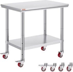 VEVOR roestvrijstalen tafel 90 x 60 x 85 cm keukentafel met draagvermogen 136,08 kg, met 4 wielen, 3-voudig in hoogte verstelbaar, robuuste voorbereidingstafel voor voedselbereiding, zilver