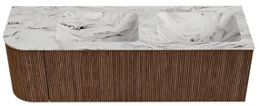 Mondiaz Kurve-dlux 145cm badmeubel ronding links walnut met 1 lade en deur en wastafel leaf dubbel/rechts zonder kraangat glace