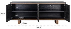 Richmond Interiors Hunter Zwart Dressoir Met Goud - 200x45x81cm.