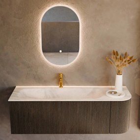 Mondiaz Kurve-dlux 135cm badmeubel ronding rechts shadow met 1 lade en deur en wastafel big medium kraangat links ostra