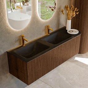 Mondiaz Kurve 145cm badmeubel ronding rechts walnut met 1 lade en deur en wastafel cloud dubbel/links 2 kraangaten urban