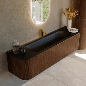 Mondiaz Kurve 170cm badmeubel ronding links/rechts walnut met 1 lade en 2 deuren en wastafel big large midden 1 kraangat urban