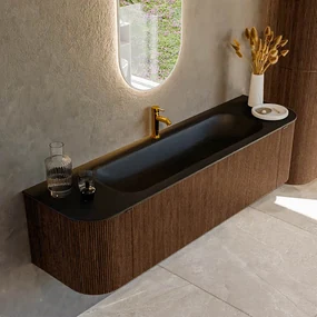 Mondiaz Kurve 170cm badmeubel ronding links/rechts walnut met 1 lade en 2 deuren en wastafel big large midden 1 kraangat urban