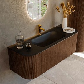 Mondiaz Kurve 130cm badmeubel ronding links/rechts walnut met 1 lade en 2 deuren en wastafel big small midden 1 kraangat urban