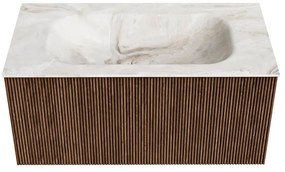 Mondiaz Kurve-dlux 90cm badmeubel walnut met 1 lade en wastafel big small midden 1 kraangat frappe
