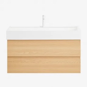 Ona Zwevend Badkamermeubelset Van Hout En Essenfineer Met Geïntegreerde Wastafel Natuurlijk Hout & Spiegelloze & ↔︎ 100 Cm & Wit ↑20 Cm - Sklum