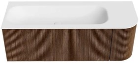 Mondiaz Kurve 125cm badmeubel ronding rechts walnut met 1 lade en deur en wastafel big medium kraangat links