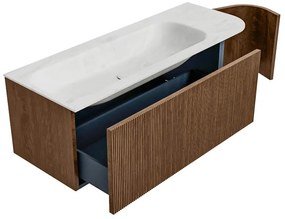 Mondiaz Kurve-dlux 125cm badmeubel ronding rechts walnut met 1 lade en deur en wastafel big medium kraangat links opalo