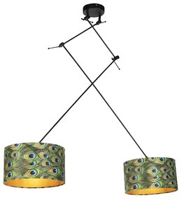 Stoffen Eettafel / Eetkamer Hanglamp zwart met velours kappen pauw met goud 35 cm 2-lichts - Blitz Klassiek / Antiek, Modern E27 cilinder / rond rond Binnenverlichting Lamp