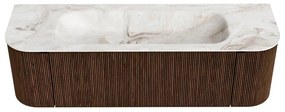 Mondiaz Kurve-dlux 150cm badmeubel ronding links/rechts walnut met 1 lade en 2 deuren en wastafel big medium midden zonder kraangat frappe