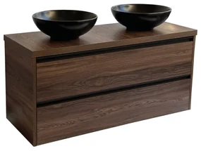 Sanicare Arda badkamermeubel 120cm nera oak met ronde zwarte waskommen