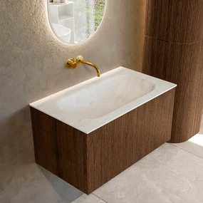 Mondiaz Kurve-dlux 80cm badmeubel walnut met 1 lade en wastafel big small midden zonder kraangat opalo