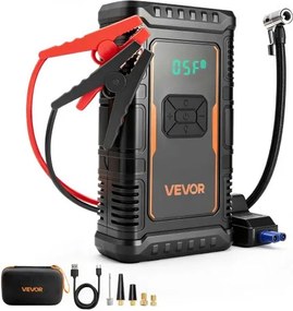 VEVOR Jump Starter Powerbank met luchtcompressor, 1600 A piekvermogen voor 6.0L benzine- / 3.0L dieselmotoren, 150 psi bandenspanning, automatische uitschakeling, 12V-oplader en LED-zaklamp.