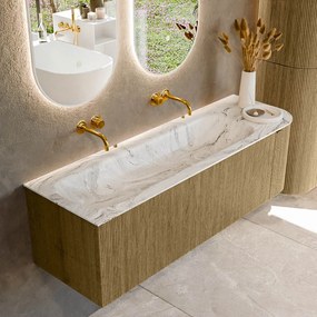 Mondiaz Kurve-dlux 145cm badmeubel ronding rechts dusk met 1 lade en deur en wastafel big large links zonder kraangat glace
