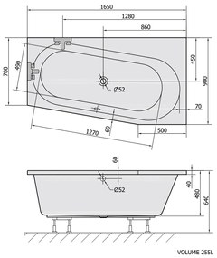 Polysan Astra asymmetrisch bad rechts schuin 165x80x48cm wit