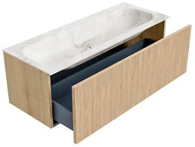 Mondiaz Kurve-dlux 120cm badmeubel oak met 1 lade en wastafel big large midden 2 kraangaten frappe