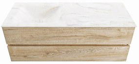 Mondiaz Vica DLux badmeubel 130cm washed oak 2 lades met wastafel ostra links 1 kraangat