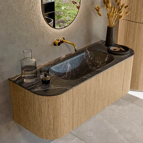 Mondiaz Kurve-dlux 120cm badmeubel ronding links/rechts oak met 1 lade en 2 deuren en wastafel big small midden zonder kraangat lava