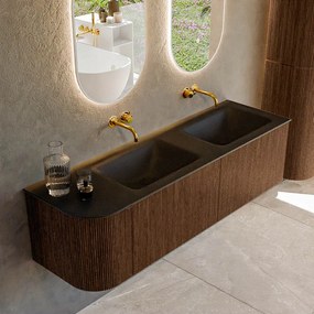 Mondiaz Kurve 155cm badmeubel ronding links walnut met 2 lades en 1 deur en wastafel cloud dubbel/rechts zonder kraangat urban