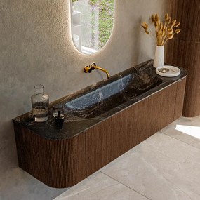 Mondiaz Kurve-dlux 160cm badmeubel ronding links/rechts walnut met 1 lade en 2 deuren en wastafel big medium midden zonder kraangat lava