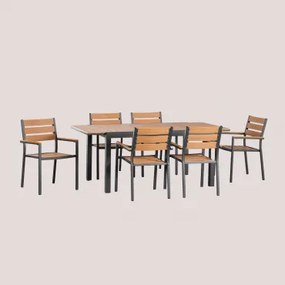 Set Van Uittrekbare Rechthoekige Aluminium Tafel (150-197x90 Cm) En 6 Stapelbare Tuinstoelen Met Saura-armleuningen Grijs – Grafiet - Sklum