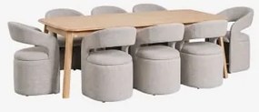 Set Eettafel 220-320x95 Cm Uitschuifbaar In Treveris Eikenhout En 8 Eetkamerstoelen Met Armleuningen In Bouclé Stof Jules Eikenhout - Sklum