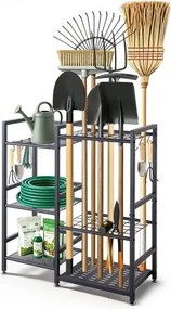 VEVOR Tuingereedschapsrek 740x300x805mm 3-laags gereedschapshouder zwart, opbergrek voor garage, schuur, tuin en buiten, stalen organizer met 3 planken, 6 haken en stelvoeten