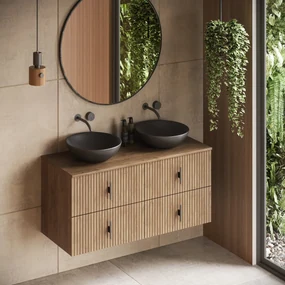 Muebles Mairi badmeubel ribbelfront 120cm warm eiken met zwarte waskom