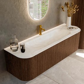 Mondiaz Kurve-dlux 150cm badmeubel ronding links/rechts walnut met 1 lade en 2 deuren en wastafel big medium midden 1 kraangat ostra