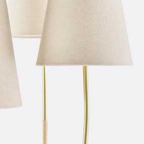 Drievoudige staande lamp in messing, linnen&amp;rotan, Amaya