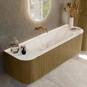 Mondiaz Kurve-dlux 150cm badmeubel ronding links/rechts dusk met 1 lade en 2 deuren en wastafel big medium midden zonder kraangat frappe