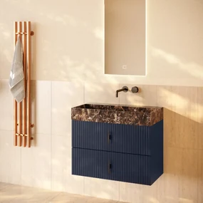 Muebles Murcia badmeubel ribbelfront 80cm marine blauw met Dark Emperador wastafel zonder kraangat