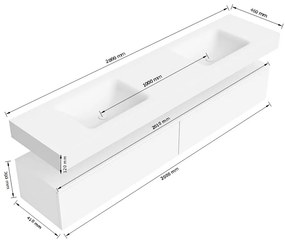 Zaro Alan badmeubel 200cm sand met 2 lades en vrijhangende wastafel dubbel met 2 kraangaten wit mat