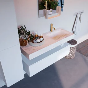 Mondiaz Alan DLux badmeubel 120cm talc 1 lade met wastafel ostra rechts 1 kraangat