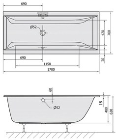 Polysan Cleo Slim ligbad 170x70x48cm wit