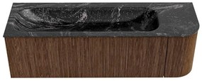 Mondiaz Kurve-dlux 145cm badmeubel ronding rechts walnut met 1 lade en deur en wastafel big large kraangat links lava