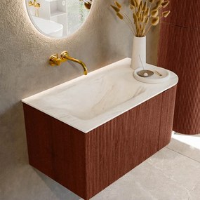 Mondiaz Kurve-dlux 85cm badmeubel ronding rechts ruby met 1 lade en deur en wastafel cloud links zonder kraangat ostra