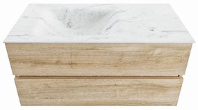 Mondiaz Vica DLux badmeubel 100cm washed oak 2 lades met wastafel opalo links 1 kraangat