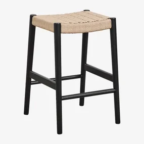 Hoge Kruk 65 Cm In Eikenhout En Gevlochten Touw Mara Gewoon Zwart - Sklum