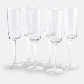 Set van 6 champagneglazen in geribbeld glas, Stria