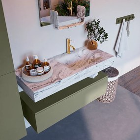 Mondiaz Alan DLux badmeubel 110cm army 1 lade met wastafel glace rechts 1 kraangat