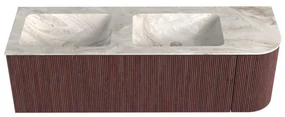 Mondiaz Kurve-dlux 145cm badmeubel ronding rechts ruby met 1 lade en deur en wastafel leaf dubbel/links zonder kraangat frappe