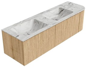 Mondiaz Kurve-dlux 155cm badmeubel ronding rechts oak met 2 lades en 1 deur en wastafel leaf dubbel/links 2 kraangaten glace