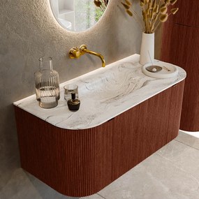 Mondiaz Kurve-dlux 100cm badmeubel ronding links/rechts ruby met 1 lade en 2 deuren en wastafel grunne midden zonder kraangat glace