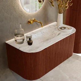 Mondiaz Kurve-dlux 100cm badmeubel ronding links/rechts ruby met 1 lade en 2 deuren en wastafel grunne midden zonder kraangat glace