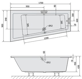 Polysan Andra Slim asymmetrisch bad links 170x90x45cm wit