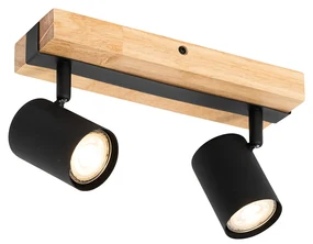 Smart plafondSpot / Opbouwspot / Plafondspot zwart met hout 2-lichts draai- en kantelbaar incl. Wifi GU10 50mm - Jeana Modern, Industriele / Industrie / Industrial GU10 Scandinavisch Binnenverlichting Lamp